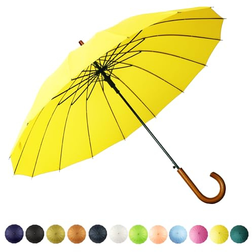 SoulRain 16 Ribs 48 Stick Umbrella Auto Open Solid Color Fashionable and Simple，Arc Classic Wood Handle，Windproof Unbreakable Stick Rain Umbrella