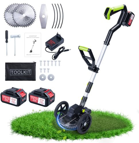 CHANGEMOORE Decespugliatore a Batteria Senza Fili - 2 Batterie 21V 4.0Ah con Caricabatterie, Ruote Rimovibili, Tagliaerba con Angolo Regolabile, Display Digitale. Ideale per Bordure Giardino Verde