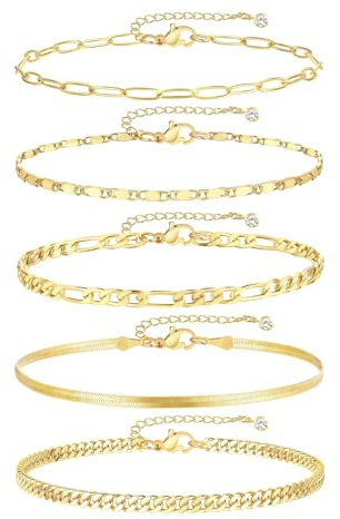 TELAIN Pack of 5 gold Foot Bracelets for Women, 14k Gold Platinum Plating, Waterproof, Cuban Chains, Ankle Set, Layered Foot Bracelets for Beach Gifts, Adjustable Size