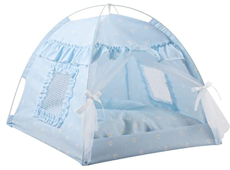 Tissting Cat Tent Cave Bed med avtagbar kudde, 2-i-1 katt Hund-säng Hus Katt Sovsäck Katt Tälthus Andas Mesh Four Seasons Universal (Blå spets)