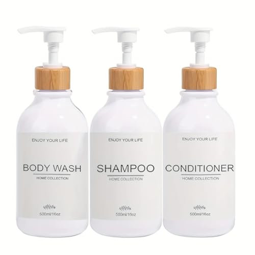 Dispensador Jabon Baño | Set de 3 Botes para Gel Champu y Acondicionador 500ML | Este Dosificador Jabon Baño es Elegante y Realzará el Estilo de tu hogar con toques de bambú