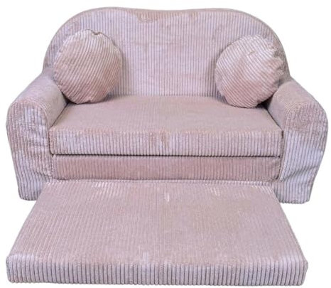 FORTISLINE - Kindersofa Rosalia - Klappsofa mit Verlängerung aus Cord - Schlafcouch 100 x 60 x 50 cm - Ausklappbares Sofa mit 2 Kissen - Oeko-TEX Zertifiziert - in 7 Farben - Altrosa