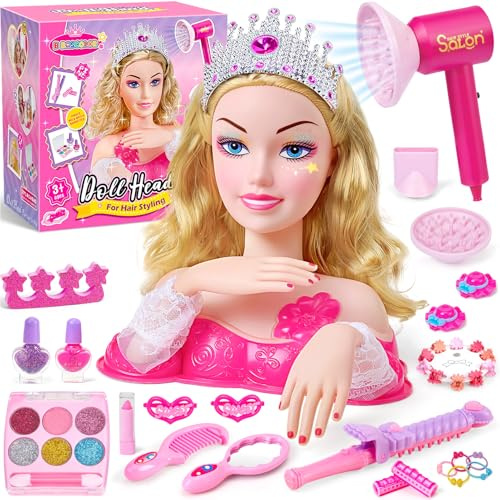 G.C Styling Head Doll for Kids Hairdressing Set with Toy Hairdryer Girls Make up Peelable Nail Polish Mirror, Girls Gifts Birthday Role Play Toys for Girl 4 5 6 Year Old
