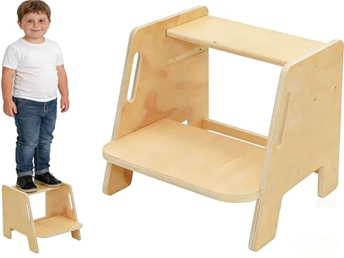 Siairo Tabouret à 2 marches en Bois pour Enfants avec Surface antidérapante, poignées Portables, Patins antidérapants et capacité de 160 kg, Support Polyvalent et Robuste (Naturel)
