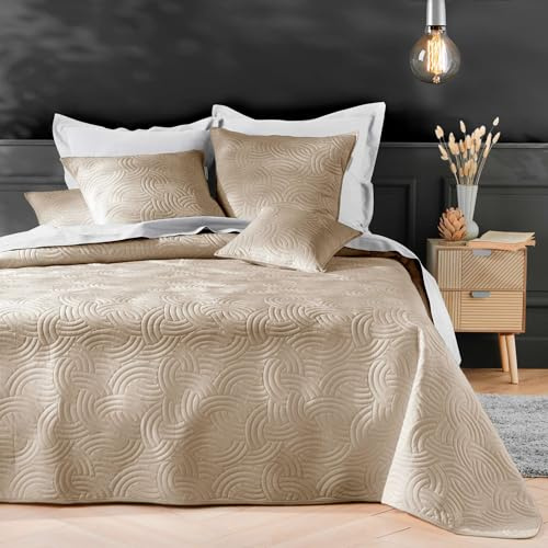 Douceur d'Intérieur, Couvre-Lit Matelassé (240 x 260 cm) et 2 Taies d'oreiller (60 x 60 cm) Solange Lin, Microfibre Unie | Effet velours ultra doux et confortable
