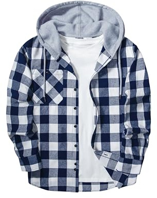JACKETOWN Men's Hoodies Long Sleeve Casual Plaid Flannel Shirt Mens Jackets Top Button Down Shirts for Men Cotton Lumberjack Regular Fit Blue White