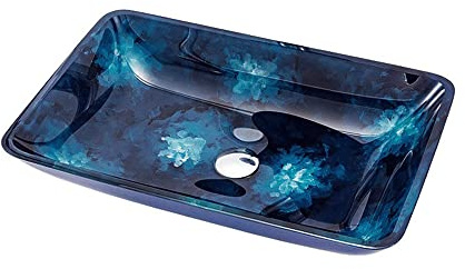 Lavabo sobre encimera de Vidrio Templado Rectangular con diseño de Flores Azules y Grifo de Cascada, Pintado a Mano, para decoración del Hog