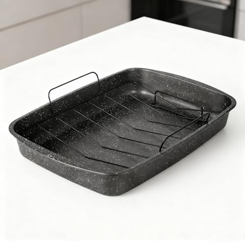 Turkey Roasting Pan with Rack 18.9 - Rectangle Non-Stick Carbon Steel 0.5mm Thick Grey Speckle