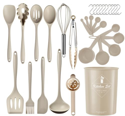 Set di 32 utensili da cucina in silicone con manici in acciaio inossidabile resistenti al calore e antiaderenti con portautensili lavabili in lavastoviglie Cachi (senza BPA)