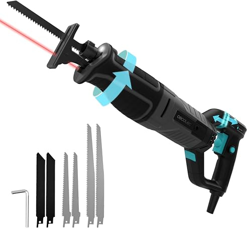 Cecotec Sierra de Sable Eléctrica - 6 Cuchillas de Corte - LongFlex 900 ShockAbsorber. 850W, Velocidad Variable, Sistema Antivibración, Mango Rotacional, Guía Láser y Luz LED, Cambio Cuchilla Rápido