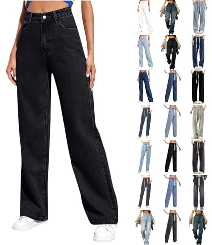 Générique Jean Femme Jean Femme Taille Haute Pantalon Large Fluide été Taille Elastique Noir Pantalon Jeans Droit Stretch Léger Jeans Décontracté Fluide Elastique