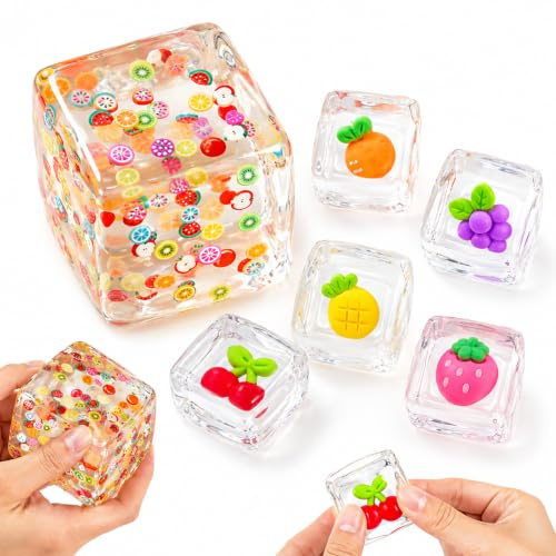 6 PCS Squishy Cube, Fruit Squishy, Delightful Items, Mix of Transparent Ice - Like and Small Cubes, Ideal for Office Workers, Home Relaxers, and Decor Lovers