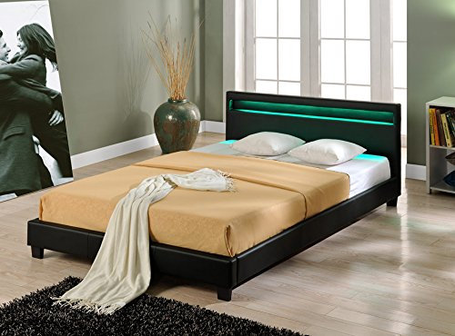 Corium LED Polsterbett Paris Bettgestell mit LED Beleuchtung Doppelbett aus Kunstleder Lattenrost & gepolstertes Kopfteil Ehebett 180x200cm Schwarz
