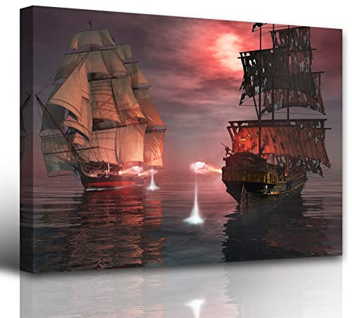 BLINFEIRU Pirate Ship Wall Art Decor - Nautical Sailboat Pictures Wall Decorations Gothic Style Viking Ship Posters Nautical Sailing Boat Canvas Prints Home Bedroom Living Room Artwork Framed 16x22IN