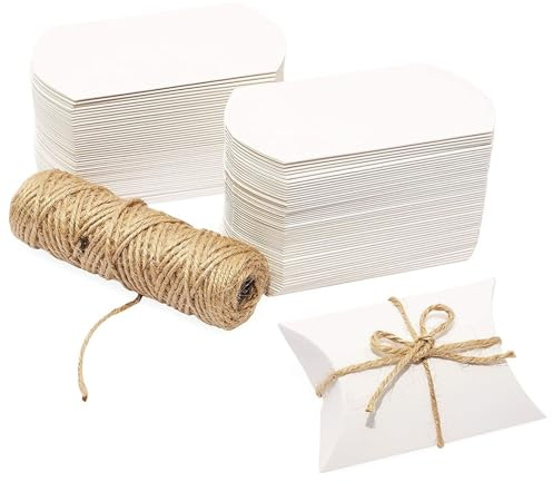 Cajas de regalo de almohada con cuerda de yute para recuerdos de fiesta (blanco, 100 unidades)