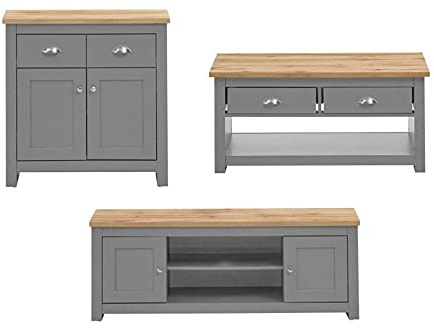 Timber Art Design UK Lisbon 3 Piece Living Room Set Includes TV Unit, Coffee Table, and Sideboard in Scandinavian Style for Modern Home, Living Room, Bedroom, Hallway in Oak Top and Grey Finish
