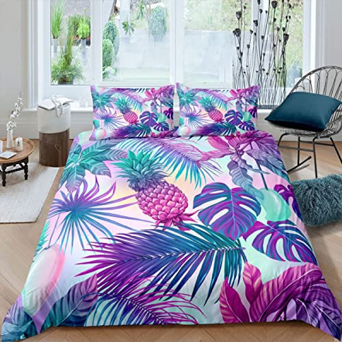 Single Duvet Cover Set Purple Palm Leaves Bedding for Children Single Duvet Cover with Zipper Closure Soft Hypoallergenic Microfiber Duvet Cover 53.1x 78.7 + 2 Pillowcases 19.7x 29.5
