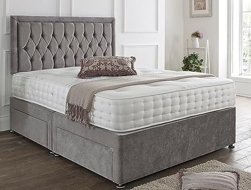 SANA SLEEP Designer Damask Memory Foam Divan Bed Set With Mattress, 2 Drawers (Same Side) and Headboard 4FT6 Double - Naples Grey