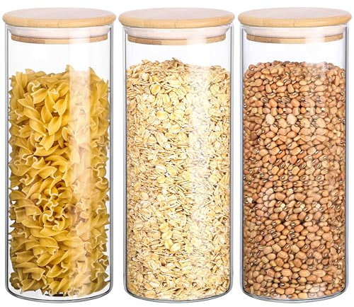 BELLE VOUS 3 Pack of Glass Jars with Bamboo Lids - 950ml/32oz Airtight Food Storage Containers - Kitchen/Pantry Organisation Canister Set for Pasta, Flour, Cereal, Sugar, Coffee Beans, Tea and More
