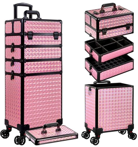 AROUS 5 in 1 Rolling Makeup Train Case Cosmetology Case on Wheels Large Cosmetic Organizer Travel Cart for Hairstylist Artist Nail Beauty Salon Barber, Pink, Rolling Makeup Train Case Large Storage