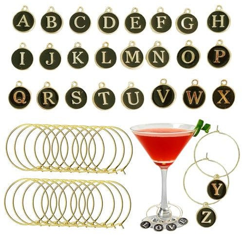 Silars Segnabicchieri Ciondoli di Lettera, 26pz Ciondoli per Calici da Vino Segna Bicchieri Calici Marcatori di Bevande, Identificatori di Vetro, Forniture per Feste