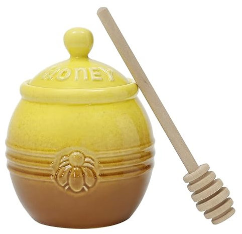 Tomuvpzn Ceramic Honey Pot With Wood Dipper and Lid - Yellow+Brown Dispenser, Food Container for Home Cooking, Kitchen, Baked Goods - 250ML