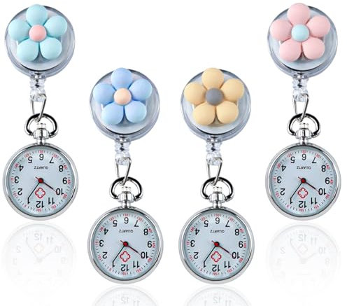 Nizirioo 4 Stück Krankenschwester Uhr: Schwesternuhr mit Clip, Krankenschwester Armbanduhr Einziehbare, Taschenuhr Tragbare Quarzuhr Pflegeuhr für Arzt Pfleger Student Damen Herren Geschenke