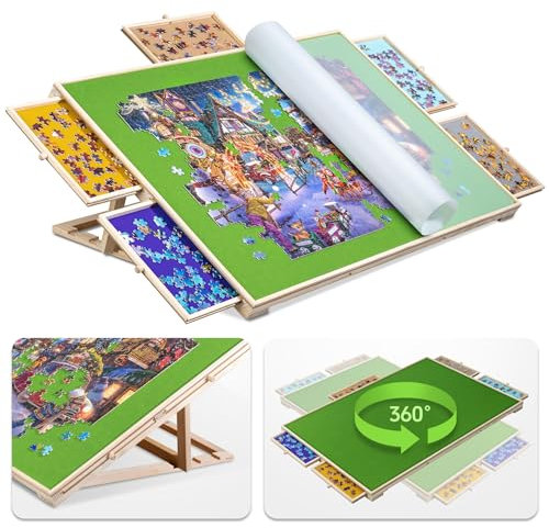Tektalk 2-in-1 neigbares und drehbares Puzzlebrett mit 5 farbigen Schubladen, tragbarer Puzzle-Tisch für Erwachsene, Holz-Puzzle-Plateau mit Lazy Susan und Abdeckung, für bis zu 1500 Teile