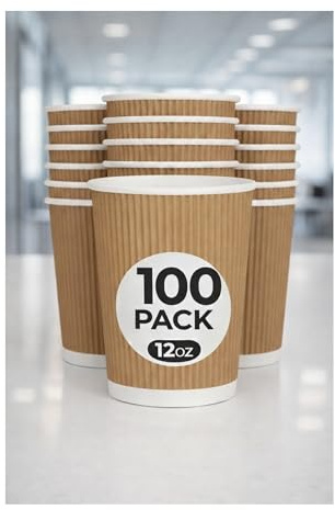 M25-paket | 100 x Kraft 350 ml krusning 3 lager engångsisolerade papperskoppar för te kaffe cappuccino varma drycker