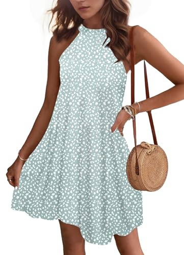 WNEEDU Robe d'éte Femmes Robes Plage Court Robe Col Licou sans Manches Décontracté avec Poches Point Vert S