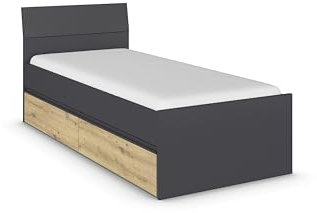 Rauch Möbel Joel, Bett, Stauraumbett mit 2 Schubladen, Farbe Graumetallic/Eiche Artisan, 95x90x209cm