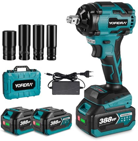 Yofidra Cordless Impact Wrench 600Nm, Electric Wrench with Brushless Motor, 2 x 3.0Ah Battery & Fast Charger & 4 Sockets, 1/2 Impact Gun Variable Speeds for Car/Truck