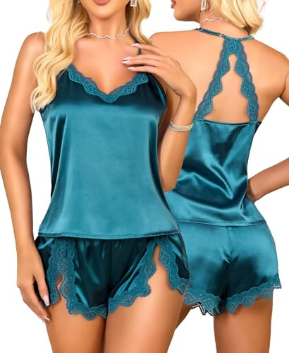 RSLOVE Ensemble de Pyjama Femme Satin - Lingerie Sexy Vêtements de Nuit Court Tenue Dormir Chic 2 Pièces