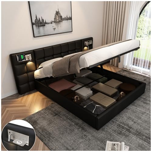 Zubaliya Lit Coffre 180x200 cm avec Port USB & Recharge sans Fil & Lampe éclairée,lit 2 Personne avec Espace de Rangement,Cadre de lit 180x200 avec sommier à Lattes,Lin,Noir