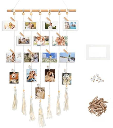 Foto hängande makramé, boho vägghängande fotogardin, fotovägg, fotoram, kollage med 35 träklämmor och 5 pappersfotogirlang, gör-det-själv-fotoram för heminredning, fotohängare heminredning
