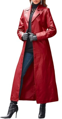 utcoco Womens Faux Leather Trench Coat Classic Lapel Button Down Maxi Jacket 2025 Stylish Overcoat (Small, Red)