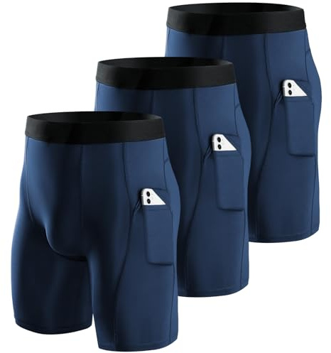 Niksa 3-pack kompressionsshorts för män, löpning baslager, shorts, kompression träningsshorts med mobiltelefonfickor täta torra och andningsbara sportshorts för cykling, yoga, boxning, gym, löpning...