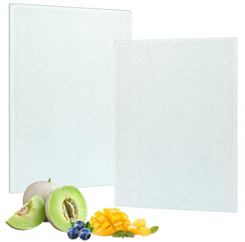 Zuxbolf 2 Pièces Planche à Découper en Verre Trempé 28x20cm Planche en Verre pour Plan de Travail Cuisine Anti-Rayures avec 8 Tapis Antidérapants pour Plan de Travail, Table de Cuisine