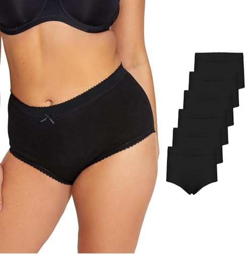 Harte & Soul Women’s 100% Cotton 6 Pack Full Briefs – All Black Soft Lace Trim Knickers | High-Waisted, Full Coverage Everyday Underwear (Sizes 10–24