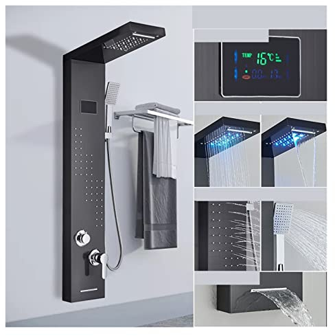 Duschpanel i rostfritt stål tornsystem Led duschpanel 5 funktion Badrum Duschkran Väggmontering Svart kall och varm duschpelare(8012 black)
