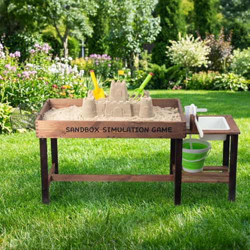 WOODENFUN Cuisine de boue pour enfants, bac à sable d'extérieur avec accessoires décoratifs en bois, évier, seau, pelles à sable, fourchettes, bac à sable pour jardin, jouets de plage, table de jeux