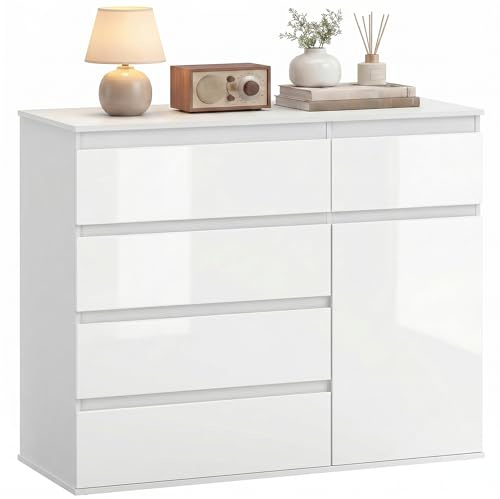 HOMCOM Aparador con 5 Cajones, Aparador de Salón con Estantes Ajustables, Puerta de Cierre Suave, para Cocina, Entrada, Dormitorio, Blanco Brillo, 100x40x80 cm
