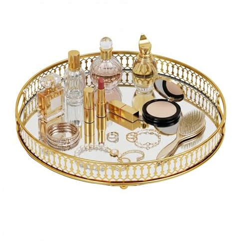 HZXXZY Bandeja de perfume con espejo dorado: bandeja decorativa de mesa organizador de cristal de metal redondo espejo vintage bandeja de maquillaje joyas servir dormitorio baño tocador habitación 32