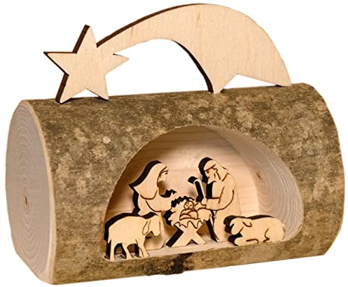 Kaltner Präsente Idea de regalo Belén de Navidad de madera con Jesús, María y niño en un tronco de árbol con corteza de Tirol del Sur