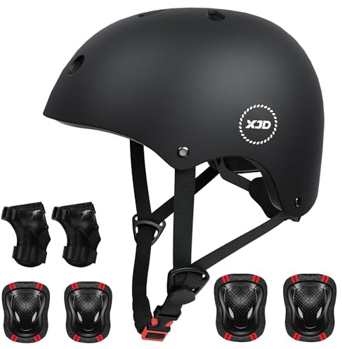 XJD Kids Bike Helmet,Multi-Sport Protective Gear Set for 3-5-8-14 Years Boys Girls with Knee and Elbow Pads Wrist Guards fit Roller Skates,Cycling,Skateboarding,Skating Scooter (Black, Small)