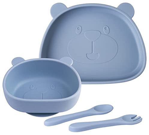 Juego de vajilla de silicona para bebés, incluye chupadores Plato para bebés, Tazón para niños, cuchara, tenedor, juego de 4 piezas de alimentación para niños pequeños (Dusty Blue)