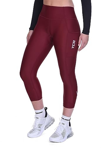 TCA Women's 3/4 Padded Cycling Leggings High Waist Breathable Bike Shorts with Pockets Anti-Slip Quick Dry - Cabernet, M