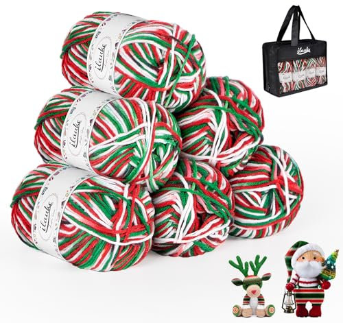 Acrylgarn zum Stricken, 6 Stück Handstrickgarn Farbverlauf Set, 6x50g Wolle zum Häkeln und Stricken, Häkelgarn zum Häkeln und Kunsthandwerk für Anfänger und Kinder mit 1 Handtasche,Rot, Weiß und Grün