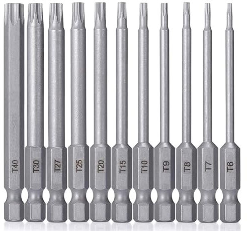 Teocpai 11PCS Jeu d'embouts de Tournevis Torx 100mm Set de Tournevis Magnétiques en Acier S2 Tournevis Etoile 6 Branches Tige hexagonale 1/4 Pouce T6-T40
