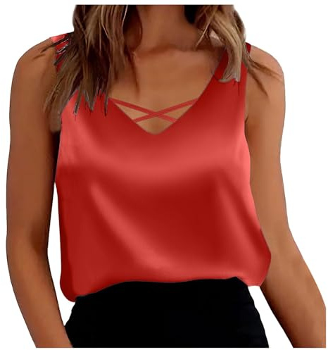 Camiseta de tirantes de satén para mujer, elegante, espagueti, básica, sin mangas, cuello redondo, blusa de satén, blusa de seda, deportiva, elegante, camiseta, rojo, XXL